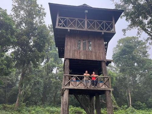 two people standing in a tree house at Chitwan Park Village in Sauraha