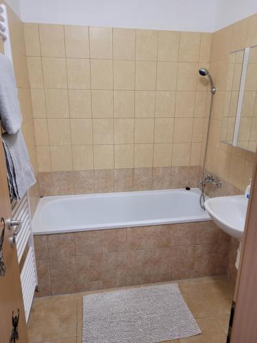 a bathroom with a bath tub and a sink at Apartmán Neva Sereď in Seredʼ