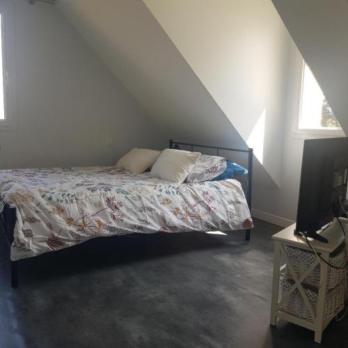 - une chambre mansardée avec un lit et une télévision dans l'établissement chambre Elisa Entre Caen et la mer avec piscine, à Mathieu