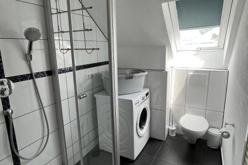 ein Badezimmer mit einer Waschmaschine und einem WC in der Unterkunft Löwen Appartement in Hausach
