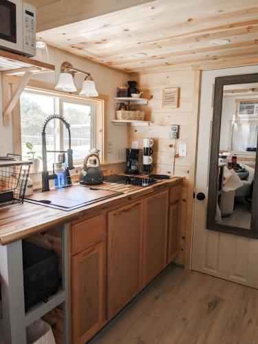 a kitchen with wooden cabinets and a sink in a tiny house at The Little Park in Farmington