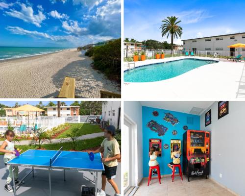 a collage of photos with a ping pong table and the beach at Beachside 32 in Indian Harbour Beach