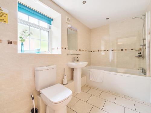 a bathroom with a toilet and a tub and a sink at Old Rectory Cottages in Aberhafesp