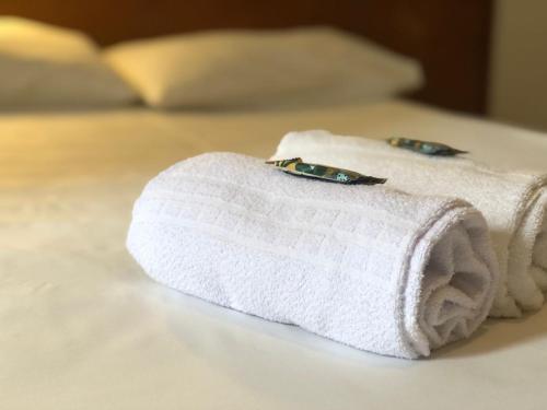 a couple of towels sitting on top of a bed at Hotel Graju Itajaí in Itajaí