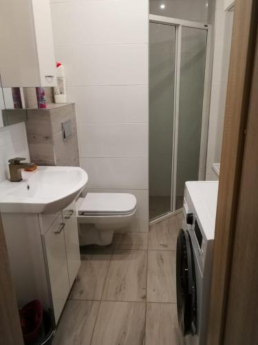 een badkamer met een douche, een toilet en een wastafel bij Kwatery pracownicze in Środa Wielkopolska