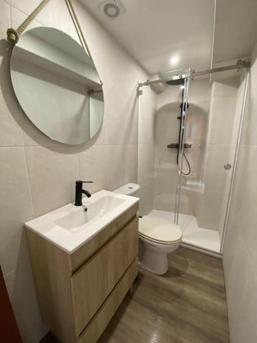 un bagno con lavandino, WC e specchio di Casa Antunes a Évora
