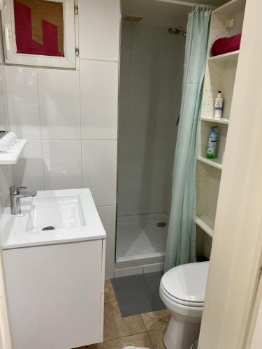 une salle de bain avec toilettes, lavabo et douche dans l'établissement Studio butte aux cailles, à Paris