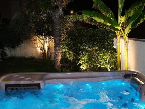 a swimming pool in a yard at night at Unique! jacuzzi privé 35°C + cinéma Villa entière in Meyzieu