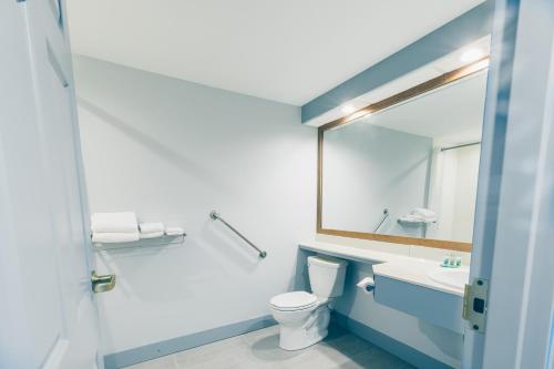 a bathroom with a toilet and a sink and a mirror at The Loyalist Country Inn & Conference Centre in Summerside