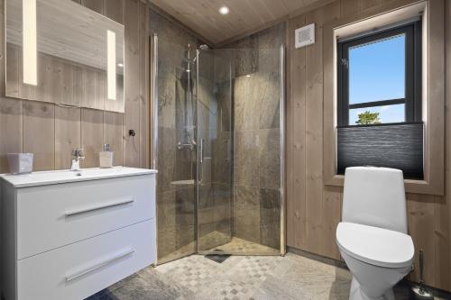 a bathroom with a shower and a toilet and a sink at Ny og moderne feriehytte in Drangedal