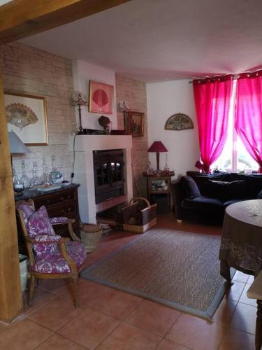 un salon avec un canapé et une cheminée dans l'établissement Au cœur de Mortagne, un balcon sur le Perche, à Mortagne-au-Perche