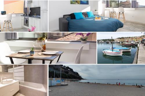 a collage of photos of a kitchen and a living room at Sweet Calanque - Host Provence in Cassis