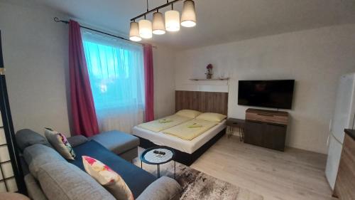 ein Wohnzimmer mit einem Sofa und einem TV in der Unterkunft Apartmán CENTRAL in Banská Bystrica