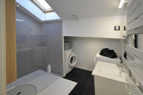 een badkamer met een wastafel en een wasmachine bij LE CHALEUREUX 60M2 à 200M Place Stanislas in Nancy
