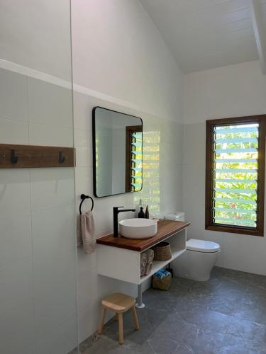 La salle de bains est pourvue d'un lavabo, d'un miroir et de toilettes. dans l'établissement Lope Lope Beach Bungalows, à Luganville
