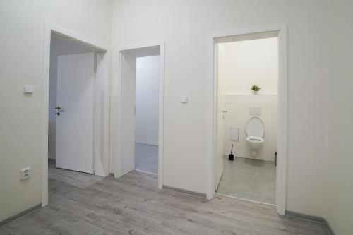 Habitación blanca con baño y aseo. en Lucy's Apartments 2 en Olomouc