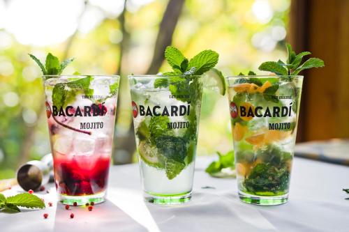 a group of three cocktails sitting on a table at Savegre Hotel Natural Reserve & Spa in San Gerardo de Dota