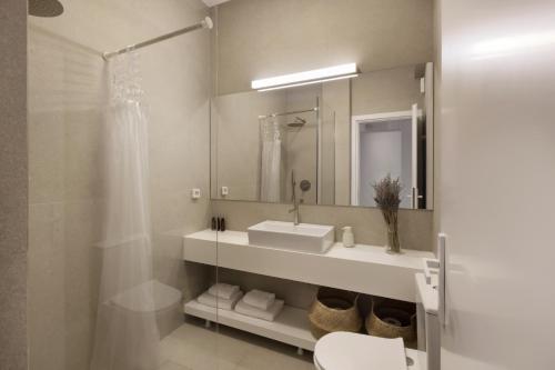 a bathroom with a sink and a mirror and a shower at Kerameikou25 large in Athens