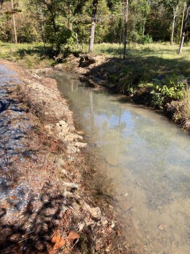 a stream of water next to a field with trees at Livin on the Edge Cabin in Albert Pike, Brand New! in Caddo Gap