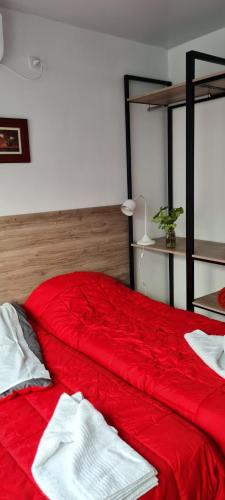 聖弗朗西斯科的住宿－Roca Apart，一间卧室配有红色的床和红色毯子