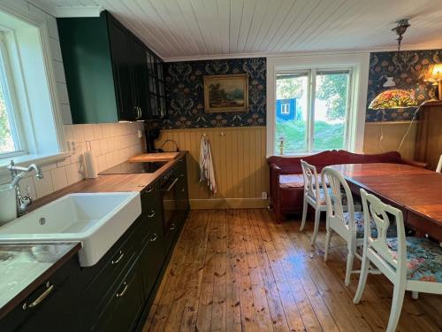 uma cozinha com um lavatório e uma mesa com cadeiras em Drömtorp med egen brygga em Östhammar