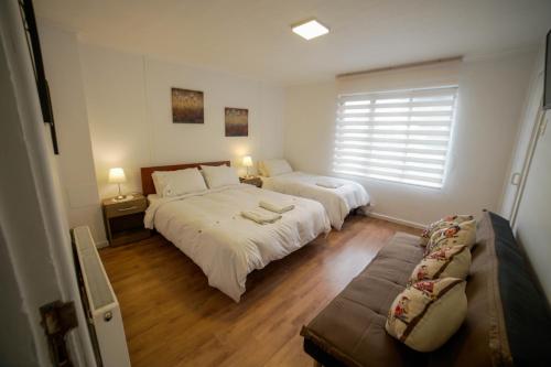1 dormitorio con 2 camas y sofá en Departamentos Cordillera en Punta Arenas