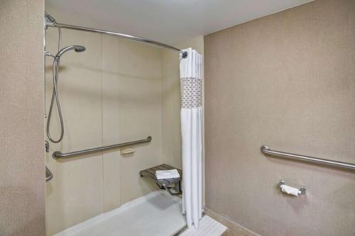 a bathroom with a shower with a glass door at Hampton Inn Albany-Wolf Road in Albany
