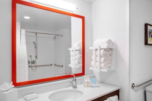 a bathroom with a sink and a large mirror at Hampton Inn & Suites Cedar Park North Austin, Tx in Cedar Park