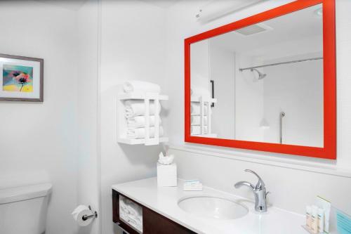 a bathroom with a sink and a red mirror at Hampton Inn & Suites Cedar Park North Austin, Tx in Cedar Park