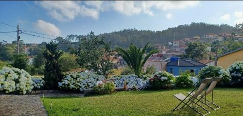 un patio con dos sillas en el césped y flores en Quinta Sol II Sea, en Camacha