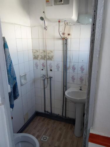 a bathroom with a shower and a sink and a toilet at Apartamento en Carmelo con piscina in Carmelo