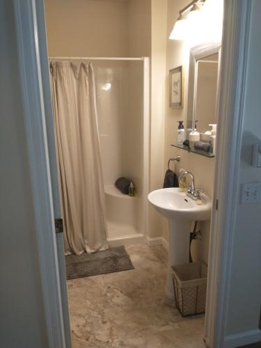 a bathroom with a shower and a sink and a tub at Sweet Boutique Suite in Langley
