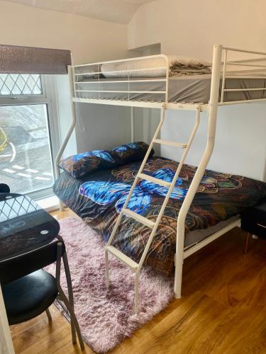 a bedroom with two bunk beds in a room at 3 bedroom peaceful house (5 people maximum) in Morriston