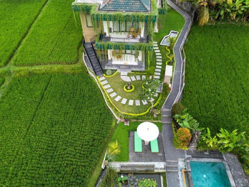 an aerial view of a house with a garden and a pool at Cahaya Ubud Villa in Ubud
