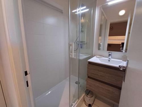 une salle de bain avec douche et lavabo dans l'établissement Studio rénové 6 pers, pied des pistes, terrasses, kitchenette équipée - FR-1-400-121, à Eaux-Bonnes