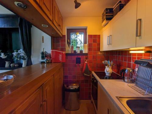 a kitchen with red tiles on the wall and a sink at Appartement La Clusaz, 2 pièces, 6 personnes - FR-1-459-214 in La Clusaz