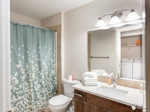 a bathroom with a toilet and a shower curtain at Vineyard Sunrise Villa near Lake in Penticton