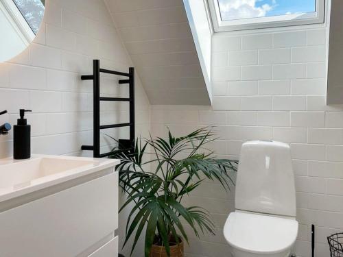 a bathroom with a toilet and a plant in it at Holiday home RÅÅ in Råå 