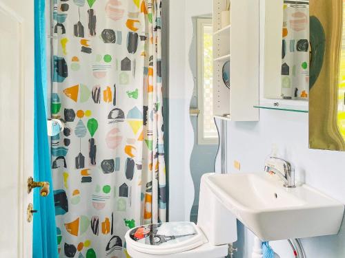 uma casa de banho com uma cortina de chuveiro, um WC e um lavatório. em Holiday home VÄXJÖ II em Växjö
