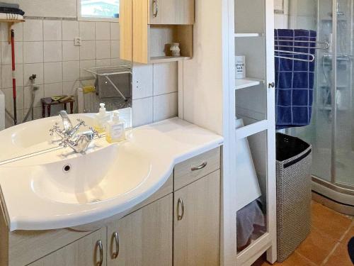 uma casa de banho com um lavatório e um chuveiro em Holiday home RONNEBY XI em Ronneby