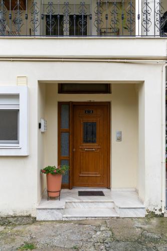 a door of a building with a potted plant at Litochoro apartment in Litochoro