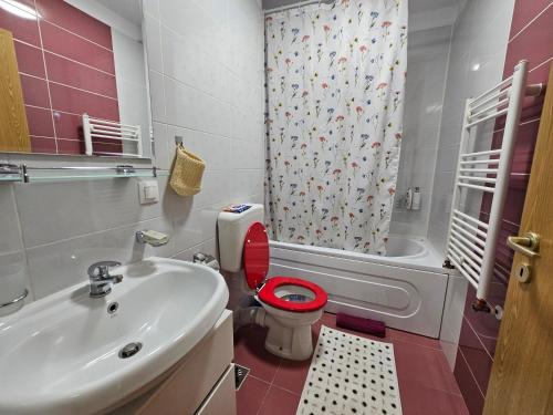 baño con aseo rojo y lavamanos en Elena's Studio Brasov Coresi, en Brasov