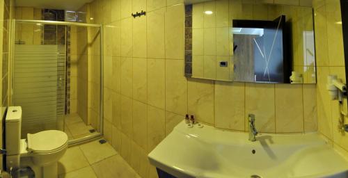 a bathroom with a sink and a toilet and a mirror at Waha Hotel in Bursa