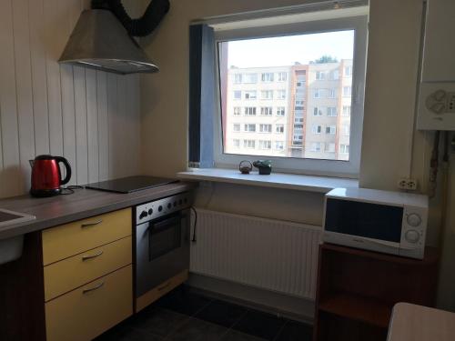 een keuken met een raam, een fornuis en een magnetron bij Ekonominės klasės butas Kėdainiuose in Kėdainiai