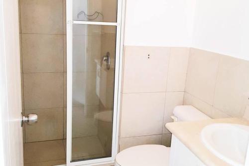 La salle de bains est pourvue d'une douche, de toilettes et d'un lavabo. dans l'établissement CASABLANCA-SAME DEPARTAMENTO FRENTE AL MAR, à Same