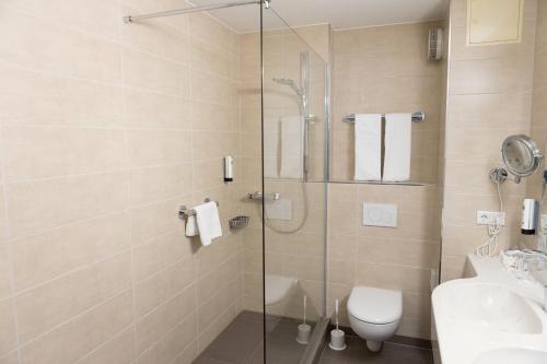 a bathroom with a shower and a toilet and a sink at Hotel Fulda Mitte in Fulda