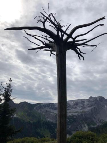 a sculpture of a tree with mountains in the background at Haus Berta, Montafon in Partenen