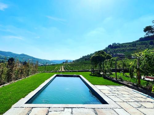 a swimming pool in the middle of a lawn with a vineyard at Vigne di Fagnano 1709 Eco Relais in Santo Stefano Belbo