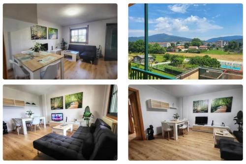 three pictures of a living room and a dining room at Fonte Vilar in Padrón