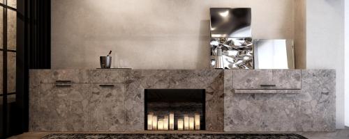 a fireplace in a living room with at Kimpton Qiantan Shanghai, an IHG Hotel in Shanghai